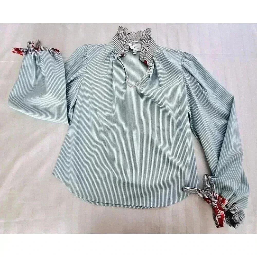 Joey Wolffer Reworked Blue White Striped Ruffle Collar Tie Cuff Blouse XS/S